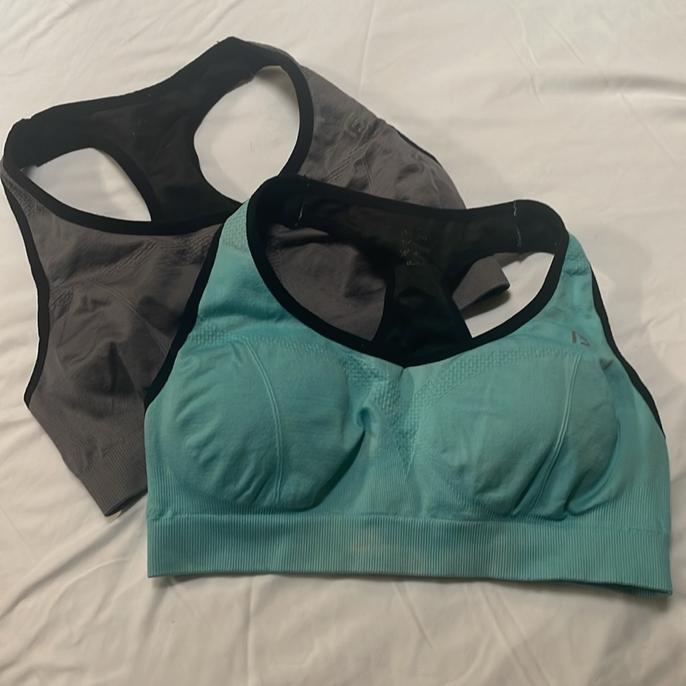 Two G Athletics Razorback Spandex Sports Bras: 1 Turquoise & 1 Gray, size XL